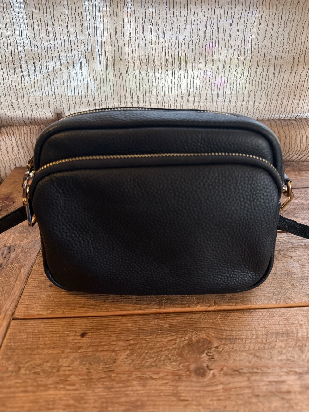 Pom Pom London Mayfair Black Leather Crossbody Camera Bag Double Zip